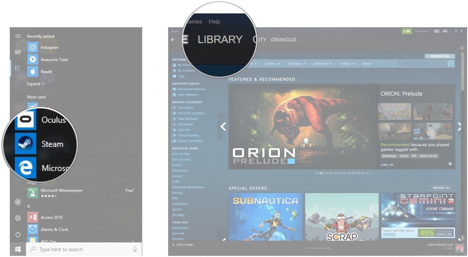 Launch Steam. Right-click Library.